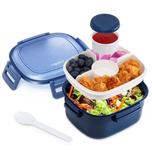 Caperci Superior Salad Container for Lunch To Go – Large 55-oz Salad Bowl Lunch Box Container with 4-Compartment Bento-Style Tray, 3-oz Sauce Container, Reusable Spork & BPA-Free (Navy Blue)