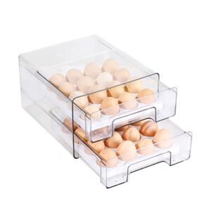 YCOCO 32 Grid Large Capacity Egg Holder for Refrigerator,Double Layer Drawer Type Stackable Egg Cartons, Multi-Function Storage Drawer Container Organizer, with Removable Egg Tray,Clear