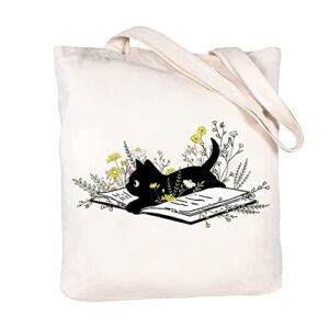 Canvas Tote Bag For Woman Funny Aesthetic Tote Bag With Zipper Cute Cat Flower Tote Bag Reusable Grocery Bags Book Totes