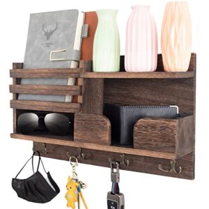 QVCILE Mail Organizer Wall Mount with Key Hooks and Wallet Holder, Key Holder for Wall with Sunglasses Storage and Dog Leash Holder, Rustic Key Racks Used in Front Door, Entryway, Mudroom(Brown)