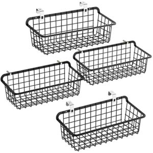 Wall Basket, Packism 4 Pack Small Wire Storage Baskets Versatile Durable Bathroom Organizer with Hooks Hanging Wall Baskets for Bathroom Add Extra Storage, Easy to Install, Black