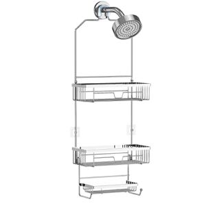 Elbourn Shower Caddy Over Shower Head, Bathroom Hanging Shower Organizer with Hooks, SUS201 Stainless Steel Shower Storage Rack 3 Shelves for Shampoo, Soap and Razor – Silver