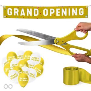 Nashira Ribbon Cutting Ceremony Kit, 25 inch Giant Scissors with Gold Satin Ribbon, Grand Opening Banner & Balloons – Heavy Duty Metal for Special Events, Inaugurations Ceremonies Gold,White,Red