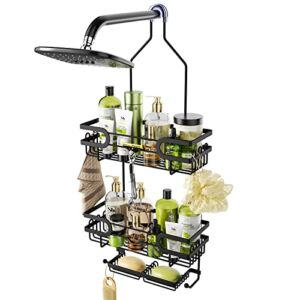 HapiRm Hanging Shower Caddy with Two Soap Holders, Rustproof & Waterproof Shower Shelf over Shower Head with 12 Hooks, No Drilling Shower Organizer for Bathroom – Black