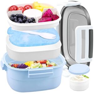FITHOME Freezer Lunch Box Container,1.3L Reusable Salad Lunch Containers with Built-In Ice Pack & Fork,Leakproof,BPA-Free-3 Compartments for Adults/Kids