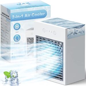 Portable Air Conditioner, 2000mAH Battery Powered Mini Air Cooler/Humidifier, 3 Wind Speeds, USB Charging, 8” Small Evaporative Air Cooler for Home, Outdoor, Car, Dorm and Tent, White