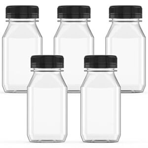 5 Pcs 8 Ounce Plastic Juice Bottle Drink Containers Juicing Bottles with Black Lids, Suitable for Juice, Smoothies, Milk and Homemade Beverages, 250 mL