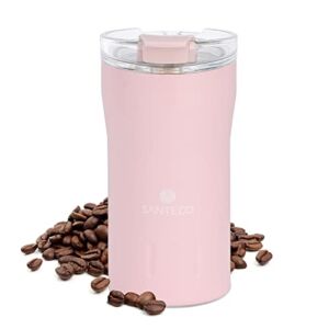 Travel Coffee Mug 12 oz, Santeco Insulated Coffee Cups with Flip Lid, Thermos Stainless Steel Coffee Mugs Spill Proof, Double Wall Vacuum Tumbler, Reusable To Go Mug for Hot/Ice Coffee Tea – Pink