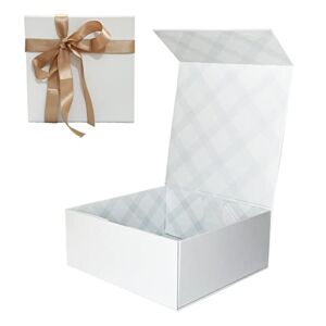 Tekhoho White Gift Box with Lid, Premium Present Box for Gifts, Square Magnetic Gift Boxes with Ribbon for Bridesmaid Proposal Wedding Birthday Gift Packaging, Folding Empty Gift Box, Plaid Lining