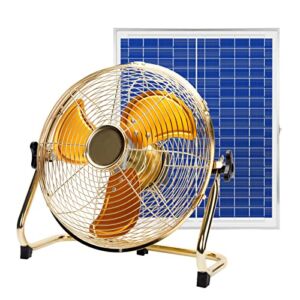 14 Inch Portable Golden All Metal Made Table Fan, Wireless Rechargeable Fan with Solar Panel Powered and AC Charger Dual Input for Indoor Housing, Office, Camping, Fishing Outdoors