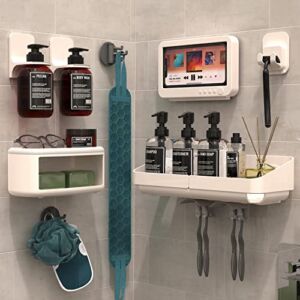 Elil Shower Caddy Shower Shelf for Inside Shower Phone Case Shower Accessories 13-in-1 Set, Self Adhesive Shower Organizers – No Drill Easy Installation with Exfoliation Glove Back Scrubber and Loofa