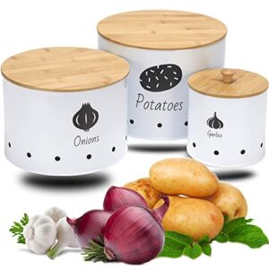 Canister Set with Wooden Lid, Kitchen Storage Canister Set of 3, Vegetable Fresh Keeper with Aerating Tin Storage Holes, Potato, Onion and Garlic Storage
