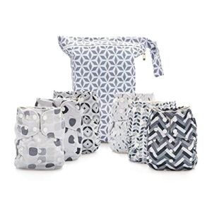 Simple Being Reusable Cloth Diapers, Double Gusset, One Size Adjustable, Washable Soft Absorbent, Waterproof Cover, Eco-Friendly Unisex Baby Girl Boy, six 4-Layers Microfiber Inserts (Greys)