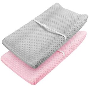 Babebay Changing Pad Cover – Ultra Soft Minky Dots Plush Changing Table Covers Breathable Changing Table Sheets Wipeable Changing Pad Covers Suit for Baby Boy and Baby Girl (Pink & Lt Gray)