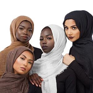 QYMY 4pcs Set Hijab Muslim Head Scarf Solid Color Long Scarf Wrap Scarves Cotton Scarf for Women Fashion L70.7?xW35.4? QY414 (Black+White+Deep coffee+Coffee(4pcs set?))
