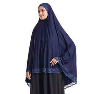 khalat Women’s Elegant Hijab Lace Trim Muslim Islamic Ramadan Soft Lightweight Hijab Long Scarf Blue