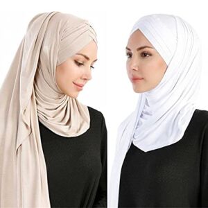 Rayiisuy Women 2PCS Set Jersey Hijab Lightweight Soft Solid Color Instant Hijab Shawls and Wraps Muslim Stretch Head Scarf (Beige,White), 55*180cm (XYTJM)