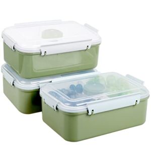 Shopwithgreen Set of 3 Salad Food Storage Container To Go, 47-oz Bento Box with Removable Tray & Dressing Pots, for Lunch, Snacks, School & Travel – Food Prep Storage Containers with Lids (Khaki Green&Khaki Green&Khaki Green)