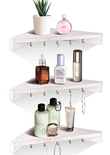 Wood Corner Floating Shelves Wall-Mounted – Set of 3 Corner Shelves with Hooks, Rustic Wall Storage Display Shelf for Bathroom, Floating Shelves for Bedroom, Kitchen, Office, White | The Storepaperoomates Retail Market - Fast Affordable Shopping