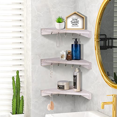 Wood Corner Floating Shelves Wall-Mounted – Set of 3 Corner Shelves with Hooks, Rustic Wall Storage Display Shelf for Bathroom, Floating Shelves for Bedroom, Kitchen, Office, White | The Storepaperoomates Retail Market - Fast Affordable Shopping