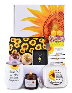 Sunflower Gifts for Women, Fabulous Birthday Gifts Basket for Women Birthday, Christmas Gifts for Daughter Sister Mom Best Friends, Unique Gifts Box with Sunflower Necklace, Bracelet, Tumbler, Purse, Jewelry Trays, Bath Bombs
