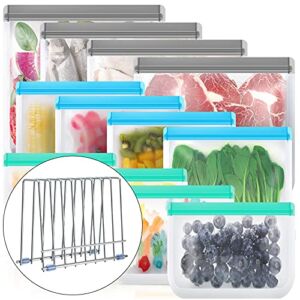 Reusable Ziplock Bags Silicone, Leakproof Reusable Freezer Bags, BPA Free Reusable Food Storage Bags for Lunch Marinate Food Travel, 4 Gallon 4 Snack 4 Sandwich Bags 1 Drying Rack