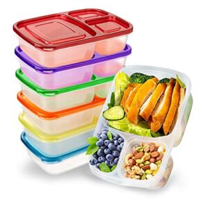 Vonhen 7 Pack Bento Lunch Boxes Reusable 3 Compartment Meal Prep Containers – Leakproof Lunch Container with Lids for School, Work, and Travel