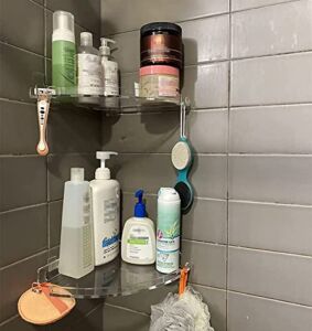 JiePai Acrylic Corner Shower Caddy Shelf with Hooks 2 pack, Adhesive Wall Mounted Bathroom Shower Shelf Organizer for Inside Shower & Kitchen Storage