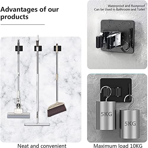 4 Pcs Mop Broom Holder Stainless Steel Self Adhesive Mop Holder Wall Mounted with Hooks Hanger Self-Adhesive Broom Holder for Kitchen, Bathroom, Office, Closet, Garden Garage (Black) | The Storepaperoomates Retail Market - Fast Affordable Shopping