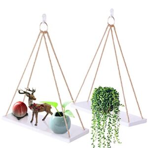 WoodLiving Hanging Shelves for Wall- Hanging Plant Shelf of 2 Set – Rope Floating Shelf Wall Decor Bedroom – ZS-2022-04021 wood-04021