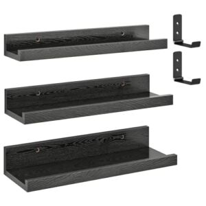 16 Inch Black Floating Shelves – Set of 3 Photo Ledge Wall Mounted Shelves with Invisible Brackets – Floating Shelves Black for Bedroom, Living Room, Bathroom, Kitchen, Office – 3 Different Sizes