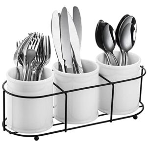 Bekith 3-Piece Ceramic Silverware Caddy with Metal Rack, Utensil Holder Flatware Caddy Cutlery Storage Organizer for Kitchen Table, Cabinet or Pantry