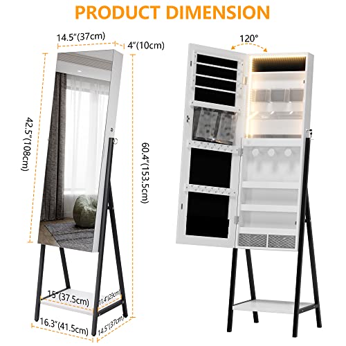 LVSOMT 3 LEDs Freestanding Jewelry Cabinet with Full- Length Mirror, Lockable Jewelry Armoire Organizer, Large Floor Dressing Body Mirror with Jewelry Storage for Earrings Rings Necklace Cosmetic | The Storepaperoomates Retail Market - Fast Affordable Shopping