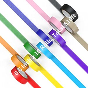 Colored Masking Tape Rolls, 0.6 inch Wide Total 510 ft Long, Craft Tape Color Painters Tape Colorful Art Tape Rainbow Labeling Tapes Marking Tape for Kids Crafts Moving Classroom, 10 Colors