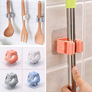 8PCS Broom Holder Wall Mount , No Drilling Self Adhesive Broom Holder, Broom and Mop Organizer Holer Cleaning Supplies Organizer（2Blue/2White/2Pink/2Grey)