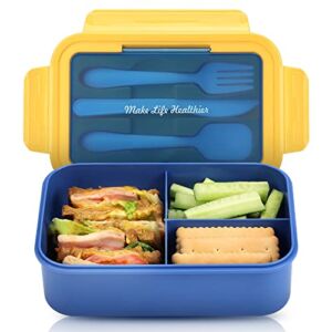 HOTEC Bento Lunch Box for Kids and Adults Built-in Knife, Fork & Spoon, 1400ML Portable Bento Box with 3 Compartments Perfect for On-the-Go Meal, BPA-Free, Microwave/Dishwasher/Freezer Safe(Blue)