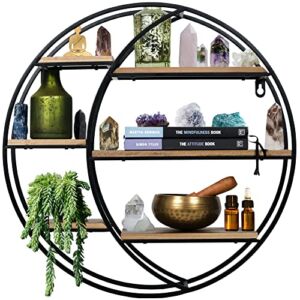 BohoBarn Moon Shelf for Crystals – Large 17″ Round Wall Shelf – Circle Shelf – Crystal Shelf Display – Decorative Wall Shelf – Black Shelf – Pine Wood