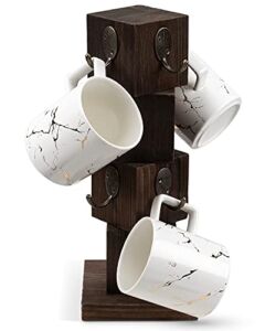 PUERSI Coffee Mug Holder for Counter, Rustic Solid Wood Mug Tree, Farmhouse Wooden Coffee Cup Rack, Distressed Mug Stand with 8 Hooks (Rustic Brown)