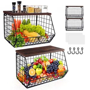 Mefirt 2pcs Fruit Basket Onion Storage Wire Baskets with Wood Lid, Stackable Wall-mounted & Countertop Tiered Kitchen Counter Organizer for Snack, Fruit and Vegetable Storage, 11.8*7.9*8.5 Inches