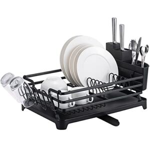 Luling Aluminum Dish Drying Rack, Rustproof Sink Dish Rack and Drainboard Set, Dish Drainer with Adjustable Swivel Spout, Removable Utensil Holder and Drainboard – Black