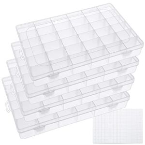 BAKHUK 4 Pack x 36 Grids Clear Plastic Organizer Box Storage Container with Adjustable Divider Removable Grid, 400pcs Label Stickers, for Fishing Tackles Jewelry Art DIY Crafts Beads Container