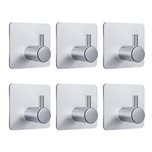 VAEHOLD Adhesive Hooks 6 Pack , Heavy Duty Wall Hooks Aluminum Hooks for Hanging Coat, Hat, Towel, Robe, Key, Clothes, Towel Hook Wall Mount for Home, Office, Kitchen, Bathroom (6, Silver)