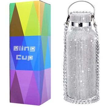 Bling Water Bottle Rhinestone, Diamond Glitter Cup, Stainless Steel Thermal Bottle, Refillable Water Bottle, Insulated Water Bottle with Chain for Women, for Christmas Halloween(17oz/500ml, Silver) | The Storepaperoomates Retail Market - Fast Affordable Shopping