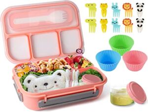 Swkien Bento Box for Kids,1300ML-Bento Lunch Box 4 Compartment Bento Lunch Containers set(with mini-Containers-Fruit Picks-Muffin Silicone Cup),LeakProof Bento Box Adult Lunch Box for School(Pink)