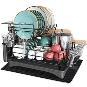 Qienrrae Large Dish Drying Rack with Drainboard Set, Stainless Steel 2 Tier Black Dish Rack with Drainage for Kitchen Counter, Dish Drainers with Wine Glass Holder, Utensil Holder and Extra Dryer Mat