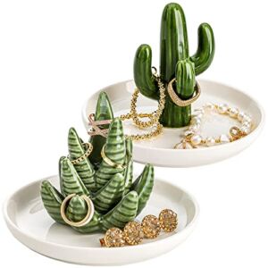 Elsjoy Set of 2 Aloe and Cactus Ring Holder Dish, Ceramic Jewelry Dish Bracelet Earrings Necklace Organizer, Decorative Trinket Dish for Wedding, Birthday Gifts, Home Decor