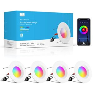 TRAMSMART 6 Inch Smart LED Recessed Lights 4 Pack, 13W 1100LM Retrofit LED Recessed Lighting RGBCW Color Changing Dimmable Can Lights, Downlight Work with Alexa/Google Assistant