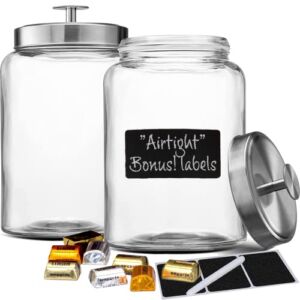 2 Large 1-Gallon Glass Canister Sets for Kitchen Counter with Stainless Steel Airtight Lids + Marker & Labels, Cookie Jar & Candy Jar for Buffet, Coffee & Flour Jars, Laundry Room Storage & Pantry