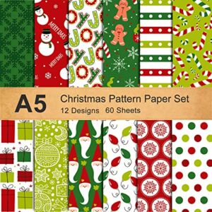 Whaline 12 Designs Christmas Pattern Paper Set A5 Size 60 Sheet Snowman Santa Gingerbread Man Glossy Pattern Paper Green Red Colorful Decorative Craft Paper Double-Sided for Card Making Scrapbook