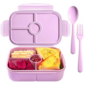 Bento Box for Kids,Lunch Containers for Kids with 4 Compartments,Kids Bento Lunch Box Leakproof,Bento Box Toddler Microwave Safe (Flatware Included,Light Purple)